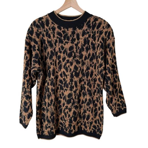 Vintage 80s Crewneck Leopard Pullover Knit Sweater Black Brown Metallic Gold, L‎ - Picture 1 of 11